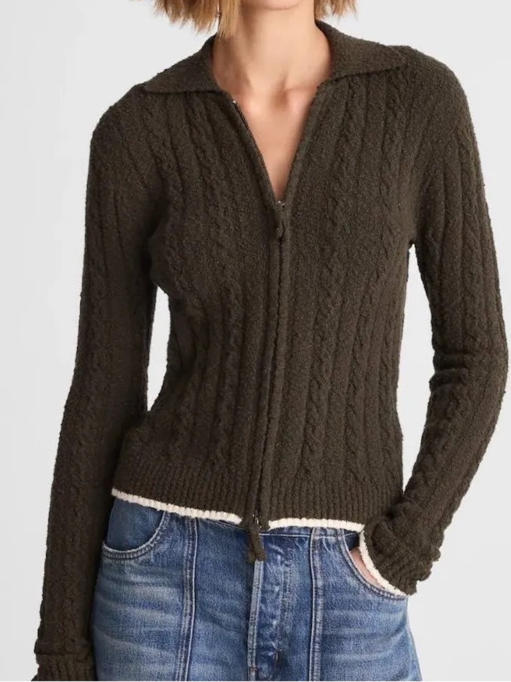 Madewell Olive Green Cable Zip-Front Cardigan
